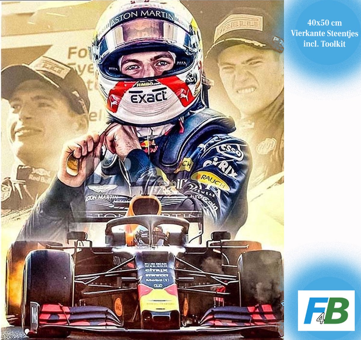 F4B Diamond Painting Max Verstappen 50x40cm | Vierkant | Formule 1 | Auto | Red Bull Racing | Kinderen | Pakket Volwassenen en Kinderen